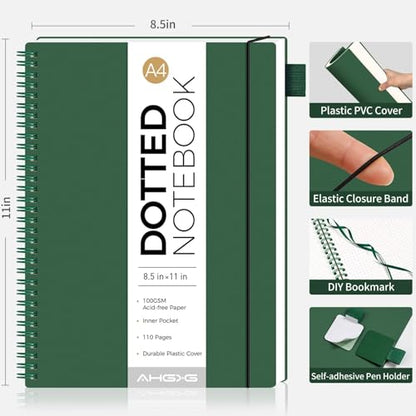AHGXG Dotted Journal, Grid Spiral Notebook, 110 Pages, A4 (8.5" x 11") | 100 GSM Thick Dot Paper, Waterproof Plastic Cover Journals for Journaling, Sketching (Green) - color: Green, style: A4-Dotted