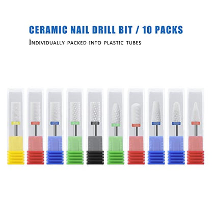 Ceramic Nail Drill Bit 10Pcs-3/32 Nail Drill Bits for Acrylic Nails,Professional Electric Nail Drill for Crystal Nail Extension Nail Removal,The Short Handle Does Not Shake. - size: Combo 06