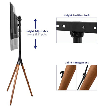 VIVO Dark Walnut Easel TV Stand for 45 to 65 inch Screens, STAND-TV65A | Articulating Artistic Studio Display Stand, Adjustable TV Mount with Swivel, Tripod Base, Max VESA 600x400, Holds 77 lbs - color: Black - Treated Wood, size: 45 to 65 in TVs