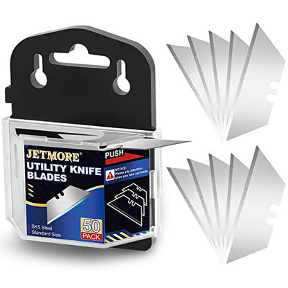 Utility Knife Blades, 50 Pack Heavy Duty Box Cutter, SK5 Blades | High-carbon steel cuts cardboard, leather and roofing, utility blades fit standard knives, with razor blades stored safely - size: 50 Pack