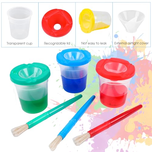 No Spill Paint Cups with Lids, 10 Pcs Spill Proof Painting Containers and 10 Round Paint Brushes Kids Art Craft Class Home Supplies 10 Colors