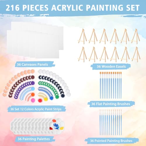 Qilery 36 Set 6 x 6 Inch Mini Canvas Boards with Easel Painting Kit, Acrylic Paints Strips, Brushes, Palette, Oil Art Set for Acrylic Birthday Party Favors - size: 5.9 x 5.9 Inch