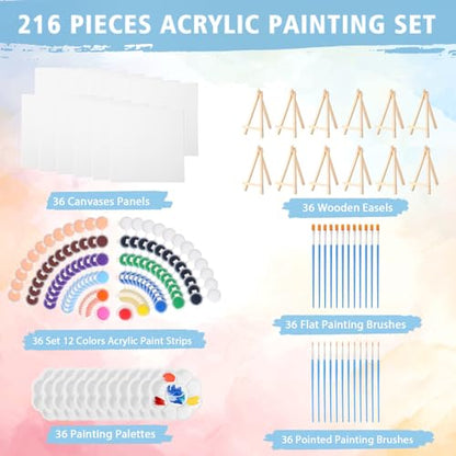 Qilery 36 Set 6 x 6 Inch Mini Canvas Boards with Easel Painting Kit, Acrylic Paints Strips, Brushes, Palette, Oil Art Set for Acrylic Birthday Party Favors - size: 5.9 x 5.9 Inch