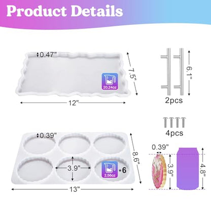 LET'S RESIN 6 Cavity Resin Coaster Molds and Tray Molds with Handle | Epoxy Resin Molds for Cup Mats, Coaster Silicone Molds for Flower Bouquet Preservation, DIY Art Craft and Home Decoration