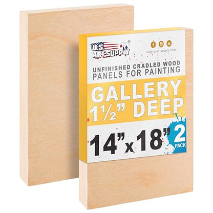U.S. Art Supply 14" x 18" Unfinished Cradled Wood Panels for Painting, Gallery 1-1/2" Deep (2 Pack) - Artist Depth Wooden Wall Canvases - Mixed-Media Craft, Acrylic, Oil, Encaustic, Paint Pouring - style: 14 Inch x 18 Inch