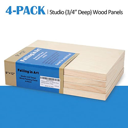 4 Pack 9x12’’ Unfinished Birch Wood Panels Kit for Painting | Studio 3/4’’ Deep Wooden Canvas, Cradle Boards for Acrylic Pouring, Art, Crafts, Epoxy Resin, Laser Engraving Cutting - size: 9'' x 12'' Studio