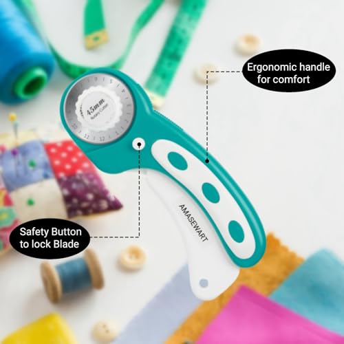 45mm Rotary Cutter for Fabric with 8pcs Rotary Blades, Rolling Fabric Cutter Crochet Edge Skip Stitch Blade Perforating Rotary Blade, Pinking Rotary Cutter for Quilting Crafts Sewing - color: Turquoise
