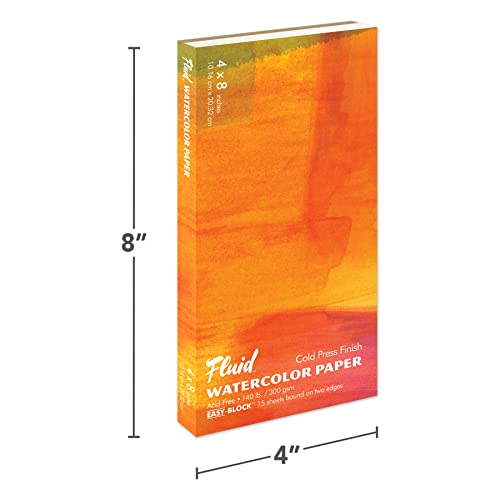 Fluid Watercolor Paper Block, 4 x 8 inches, 15 Sheets, 140 lb (300 GSM) Cold Press Pad for Artist Painting and Wet Media - size: 4 x 8 Block