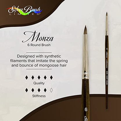 Silver Brush Limited Monza Short Round Oil and Acrylic Paintbrush, Size 6 | Short Handle, Fine Point Stiff Synthetic Mongoose Bristle, Thin and Broad Lines, Superb Paint Absorbency, Tabletop Painting - size: Size 6
