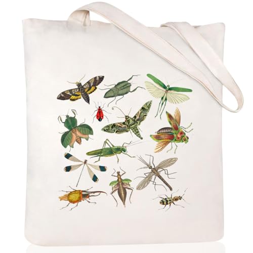 Canvas Aesthetic Tote Bag for Women with Inner Pocket Totes Shoulder Book Bag Shopping Reusable Grocery Bags - color: Bugs Pattern
