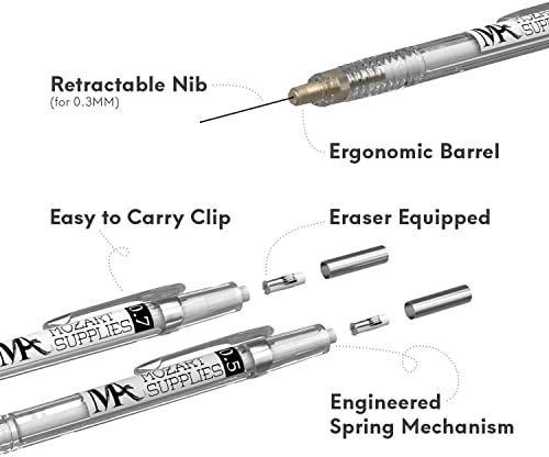 MozArt Mechanical Pencil Set 4 Sizes 0.3 0.5 0.7 0.9mm HB Lead Clear | 30 HB Lead & Eraser Refills – Sketch, Drafting, Art & Drawing for Artists, Students & Architects – Clear Transparent Body - color: Clear