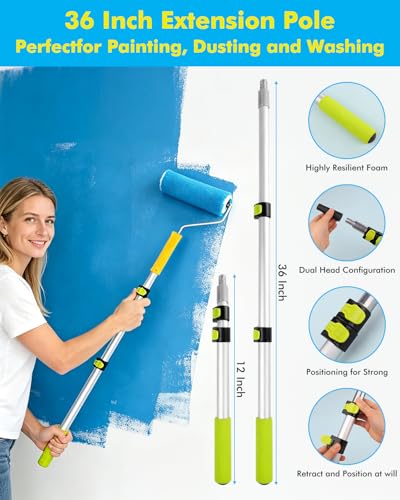 32 PCS Paint Roller Kit with Extension Pole, Paint Rollers Frames, Brushes, Tray & Liners, Professional Painting Supplies for Walls Ceiling House Interior, Foam Roller Tool Set with Bag