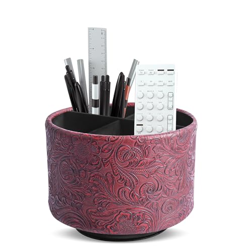 Round Leather Art Supply Organizer,Remote Control Holder,360 Degree Spinning,Multi-Functional Pencil Holder,4 Compartments Desktop Stationary Organizer(1-Carved Red) - color: 1-Carved Red
