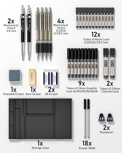 STAGEEK 37PCS Mechanical Pencil Set with Case, 0.3, 0.5, 0.7, 0.9 ＆2PCS 2mm - style: 0.3, 0.5, 0.7, 0.9, 2MM