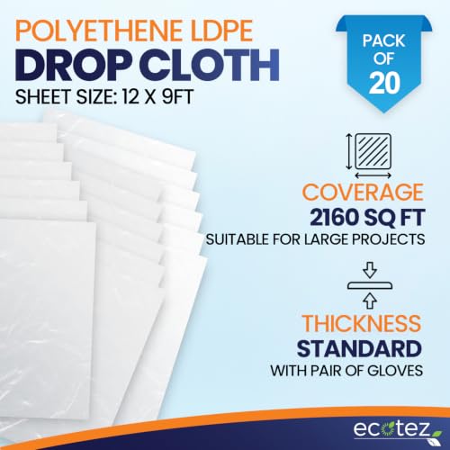 20 Pack 12 x 9 ft Extra Large Plastic Drop Cloth for Painting | Light & Durable Tarp Cover for Furniture Plastic Clear Tarp Waterproof - Paint Floor Covering - Painters Drop Cloth Sheeting - size: 20 Pack
