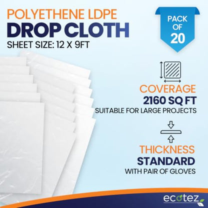20 Pack 12 x 9 ft Extra Large Plastic Drop Cloth for Painting | Light & Durable Tarp Cover for Furniture Plastic Clear Tarp Waterproof - Paint Floor Covering - Painters Drop Cloth Sheeting - size: 20 Pack