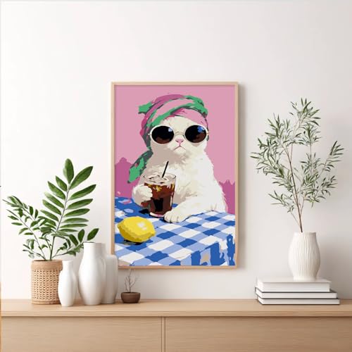 Framed Paint by Numbers Kit for Adults Beginner & Kids Ages 8-12, Funny Cat Paint by Numbers with frame, without Easel, DIY Acrylic Number Painting for Adults Animal for Home Decor Gift 8 x 12 Inch - color: XM-OP-F-CoolCat-2030