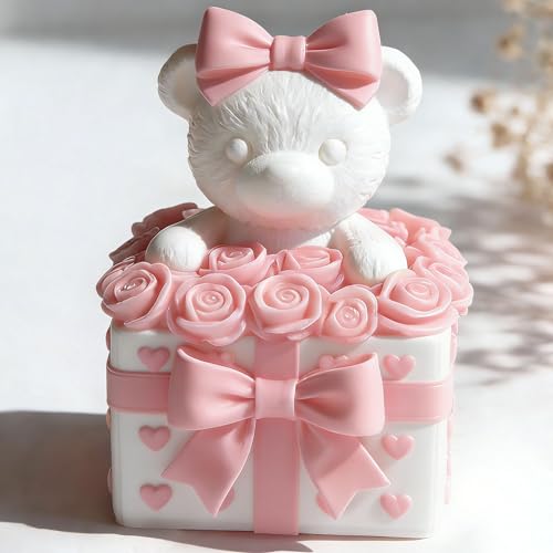 Rose Bear Cylinder Candle & Resin Mold - Resin Casting Silicone Molds for Home Decor & Candle Making Wave Spiral Mold - color: jh-bear-5553
