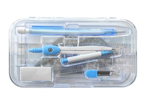 9-Piece Set Back-to-School Kit, Maths Set Pastl Blue | Stationery Set, Compass, Mechanical Pencil, Pencil Leads, Geometry Sets, Ruler, Eraser in a Re-usable plastic box - color: Blue