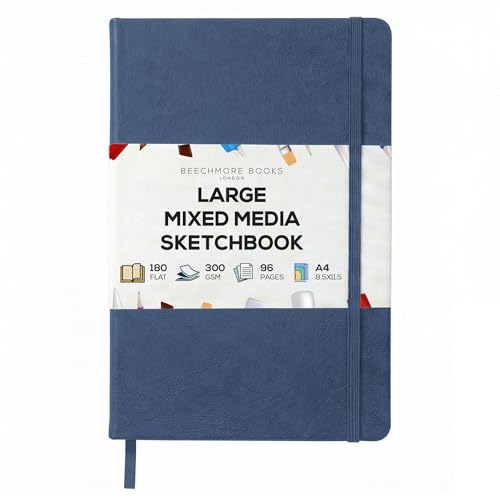 Beechmore Books A4 8.5x11 Mixed Media Sketchbook 300 GSM/140lb | Heavyweight Hardcover Art Notebook, 48 Micro-Perforated Pages Ivory Journal, Art Supplies for Painting, Acrylics & Wet Media - color: Symphony Blue, size: A4 - 8.5" x 11.5" Large