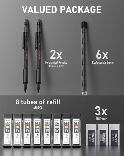 Nicpro 0.5 mm & 0.7 mm Metal Mechanical Pencil Set with Case, 2 PCS | Heavy Duty Lead Pencil + 6 Tube HB 2B Lead Refill, Eraser, Weatherproof Metal Barrel for Outdoor Writing Drafting Drawing - size: 0.5mm & 0.7mm