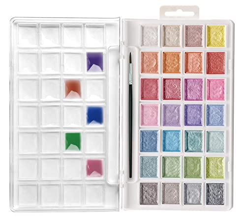 Artecho 28 Metallic Watercolor Paint Set | Glitter Colors, Semi-Moist Pearlescent Watercolor, Non-Toxic, for Beginners & Artists