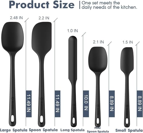 ChefAide 5 Pieces Silicone Spatula Set, Food Grade Rubber Spatula, Upgrade Strong Handle with Ergonomic Grip, Heat Resistant Up to 600°F for Nonstick Cookware, Cooking - color: Black, size: 5 pieces