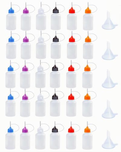 LJY 30 Precision Tip Bottles, 1 oz, 6 Colors, with 5 Funnels for Craft Glue