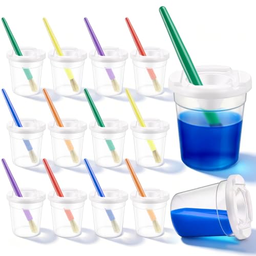 No Spill Paint Cups with Lids for Kids, 12 Paint Cups, 12 PaintBrushes | Reusable Paint Cups with Lids, No-Spill Proof, Airtight Dual-Seal, for Toddlers and Kids, Great for Classrooms, Schools, Arts