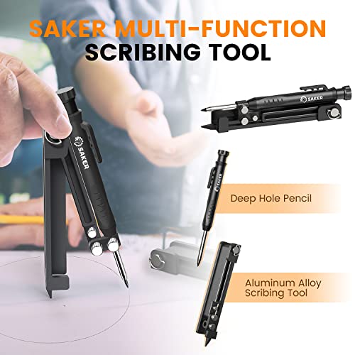 Saker Multi-function Scribing Tool- Construction Pencil- Aluminum Alloy Scribe Tool with Deep Hole Pencil,DIY Woodworking Scribe Gauge Scriber Line Maker Measuring Tool,Gifts For Men(5.5Inch BLACK)