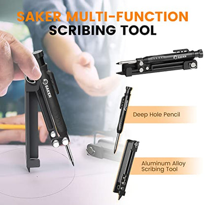 Saker Multi-function Scribing Tool- Construction Pencil- Aluminum Alloy Scribe Tool with Deep Hole Pencil,DIY Woodworking Scribe Gauge Scriber Line Maker Measuring Tool,Gifts For Men(5.5Inch BLACK)