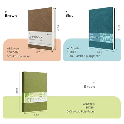 Arrtx Sketchbook, A5 (5.8 x 8.3 Inch) 100% Bamboo Drawing Paper, 180gsm, 60 Sheets, Hard Cover, Lay-Flat Binding,Acid-Free, for Pencil, Pen, Charcoal & Dry Media