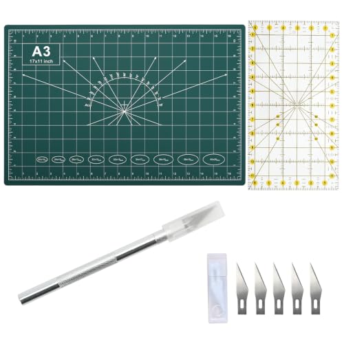 12x18in Self Healing Cutting Mat Kit with Ruler & Knife, for Sewing DIY | A3, Double Sided, Cutting Mat Kit, Craft Knife with 5 Replacement Blades, Quilting Ruler, For Sewing Craft DIY