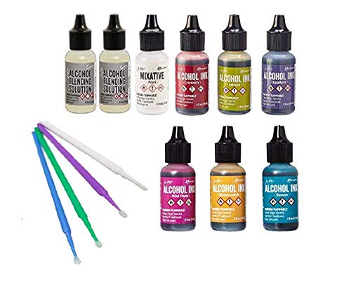 Tim Holtz Adirondack Alcohol Ink Value Pack Bundles of Favorite Colors Plus Pearl Mixative with Two Alcohol Blending Solutions, Bonus Purple Turtle Blending Sticks, (Favorite 5 Bolds) - color: Favorite 5 Bolds