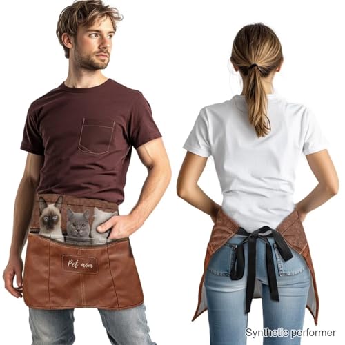 Waist Apron with 3 Pockets Waterproof 13 Inch Short Half Waist Aprons Women Men Server Aprons Waitress Waiter Apron - color: Cats