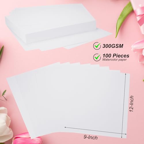 PATIKIL 100 Pcs Pure Cotton Watercolor Paper 140lb/300 GSM Water Coloring Paint Paper for Art Painting Watercolor Drawing Artist, 9x12 Inch - size: 9x12 Inch