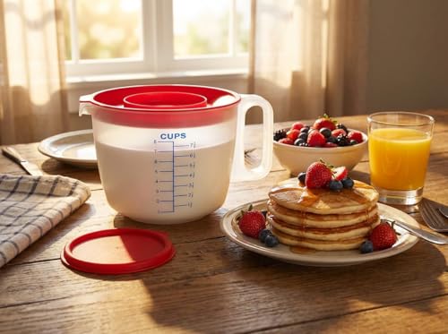 8 Cup Measuring Cup & Mixing Pitcher with Handle and Spout, Splatter-Free Lid, BPA-Free, Ideal for Baking, Pancakes, and Whisking