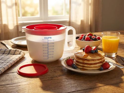 8 Cup Measuring Cup & Mixing Pitcher with Handle and Spout, Splatter-Free Lid, BPA-Free, Ideal for Baking, Pancakes, and Whisking