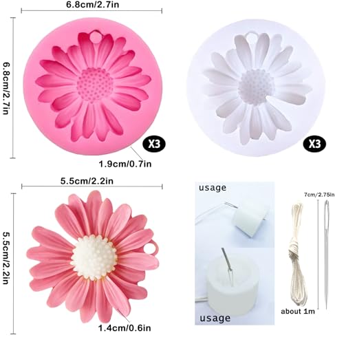 8PCS 3D Daisy Flower Silicone Mold with Hole and Large-Eye Wicking Needle, for Candle Soap Wax Epoxy Resin Concrete Fondant Topper - color: 6PCS-Daisy-with-Hole