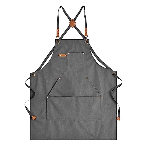 Aoomzoon Canvas Aprons for Men Chef Apron, Work Apron with Large Pockets - 16oz Heavy Duty Cross Back, BBQ, Cooking - color: Gray