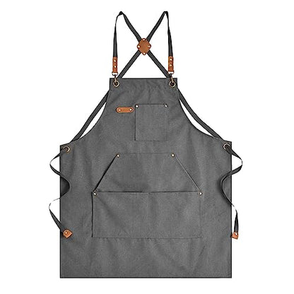 Aoomzoon Canvas Aprons for Men Chef Apron, Work Apron with Large Pockets - 16oz Heavy Duty Cross Back, BBQ, Cooking - color: Gray
