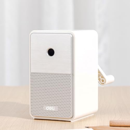 Deli Manual Pencil Sharpener, White | Auto-in Hand Crank Pencil Sharpener with Adjustable Point for Colored Pencils, Students, Kids, Classroom, Home, Office - color: D-white
