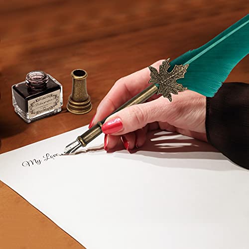 AHIER Quill Pen and Ink Set, Feather Pen Quill Pen Set Includes 5 Steel Replacement Nibs,Pen Nib Base and Dip Ink Bottle for Antique Calligraphy - color: Green