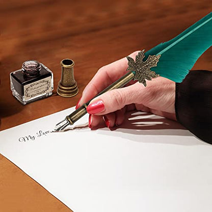 AHIER Quill Pen and Ink Set, Feather Pen Quill Pen Set Includes 5 Steel Replacement Nibs,Pen Nib Base and Dip Ink Bottle for Antique Calligraphy - color: Green