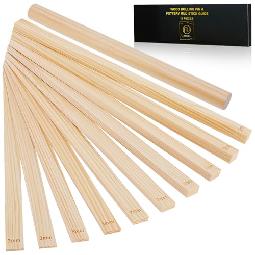 11 Pcs Pottery Rolling Pin Set, 5 Size Pottery Teaching Rolling Mud Stick Guide and Wooden Clay Roller, Pottery Tools for Precise Polymer Clay Thickness Measurement, Clay Tools Gifts Craft