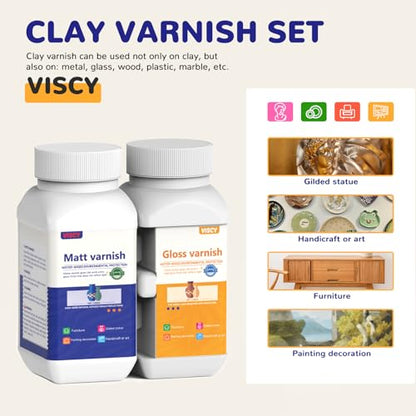 240ml Air Dry Clay Glaze, Clay Paint for Pottery Air Dry, Clay Paint High Gloss, Waterproof, Clay Glaze Set with 120ml Matte Varnish and 120ml Gloss Varnish, 2 Brushes.