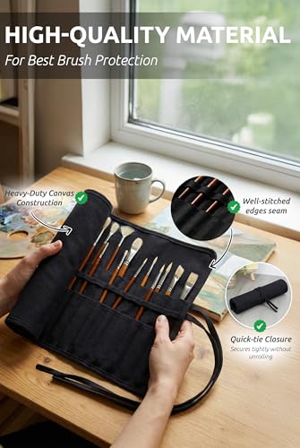 30-Slot Roll-Up Canvas Brush Holder, Black Paint Brush Case | Durable Canvas Organizer for Artists, Portable Travel Design, Fits Brushes & Art Supplies (Brushes not Included) - color: Black