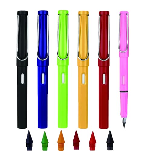 6 Sets Everlasting Pencil, Infinity Pen, NO-Sharpening Pencils for Writing Drawing Students Sustainable for Home Office School Supplies (6 Pens + 6 Erasers + 6 Replaceable Nibs) - color: Colorful