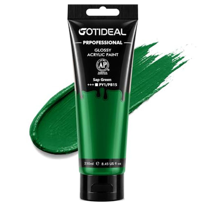 GOTEIDAL Green Acrylic Paint, Sap Green Paint (250ml / 8.45oz) Tubes | Art Craft Paints, Rich Pigments Non Toxic for Canvas Painting, Rock, Stone, Wood, Art Supplies - color: Sap Green
