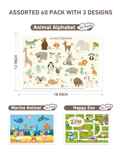 Babebay Disposable Stick-On Placemats for Baby, 60 Pack, 3 Animal Designs